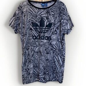 Adidas Oversized Short T-Shirt Dress Black White Tropical Leaf Large Sporty